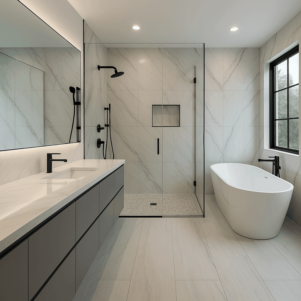 “A minimalist bathroom features clean design, straight lines, and a neutral color palette. Open spaces, smart functionality, and materials like ceramic, glass, and light wood create a calm, organized, and modern atmosphere.”